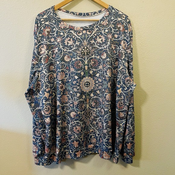 The Unbranded Brand Tops - Women's Floral Long Sleeve Tee Super Soft Teal Brown Whimsy Cottage Plus Sz 4X